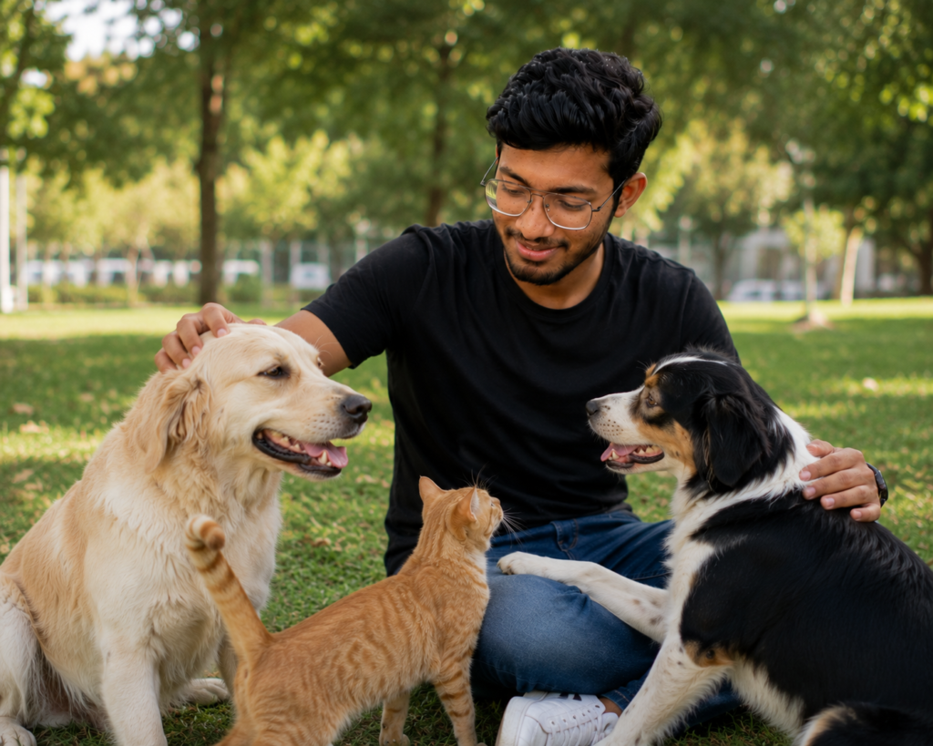 Kaliyuga collections | happy dog and cat with their owner