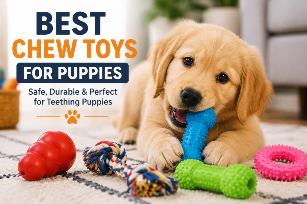 playful puppy with colorful chew toys